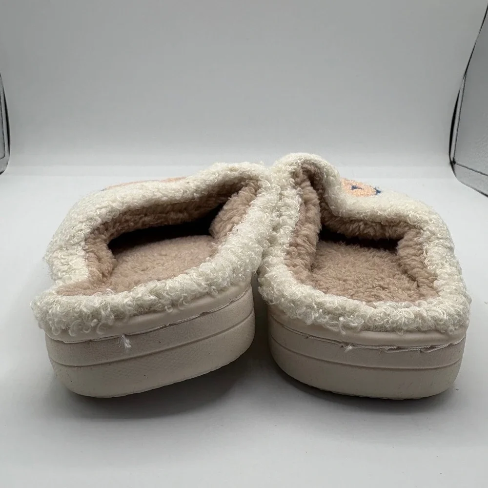 Smiley Face Fuzzy Slippers White Sherpa Boucle House Shoes‎ Retro Y2K Size 28-29